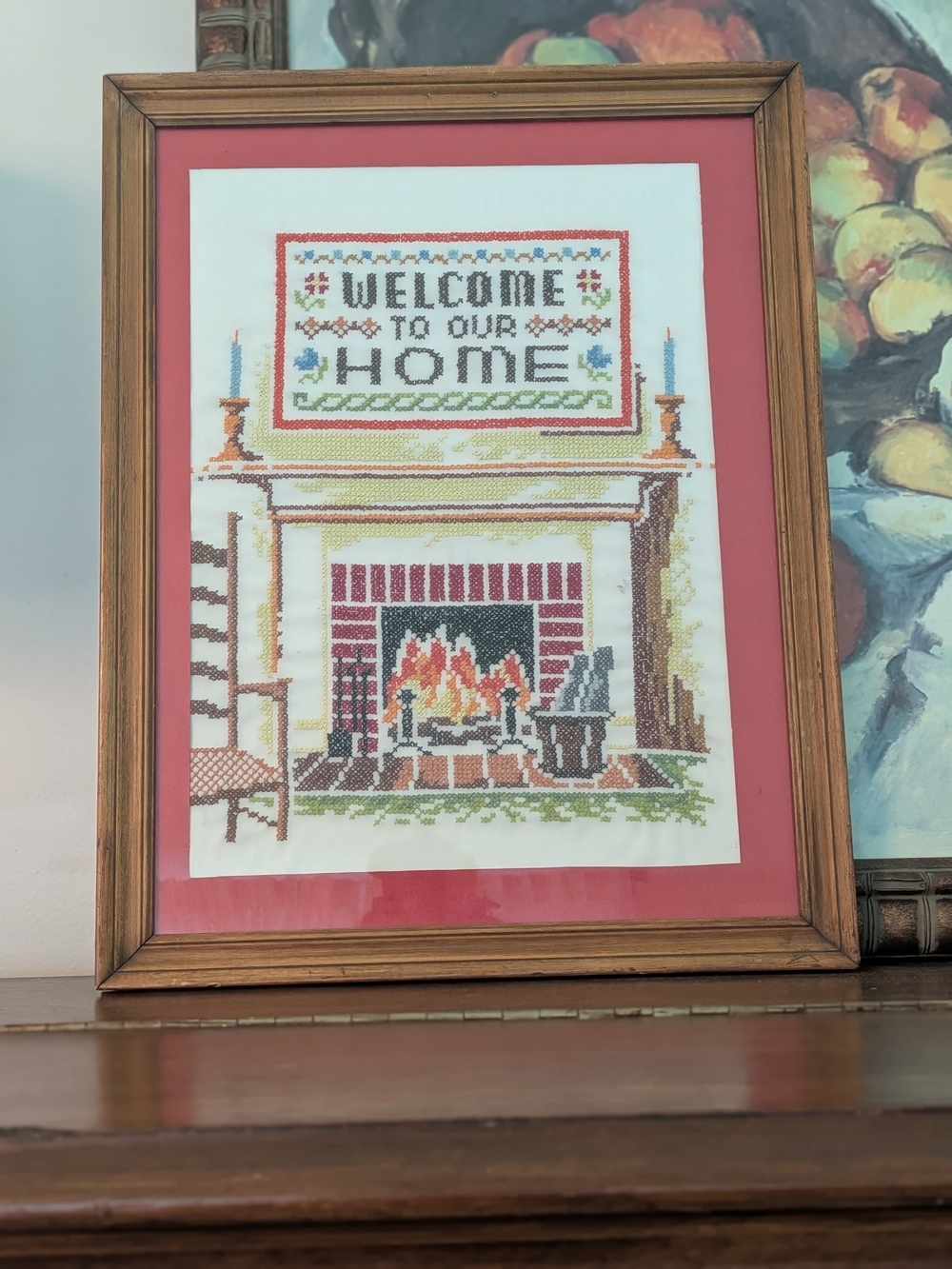 Welcome to Our Home Framed Cross-Stitch Wall Art - Red Mat Large